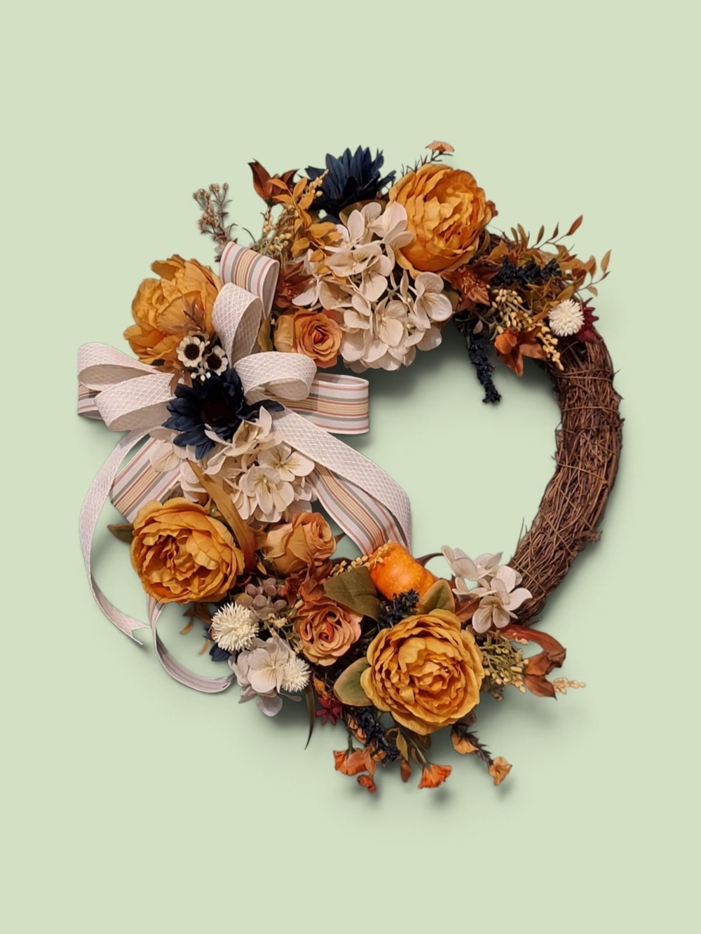 Hand Crafted Orange and Cream Autumn Floral Grapevine Wreath